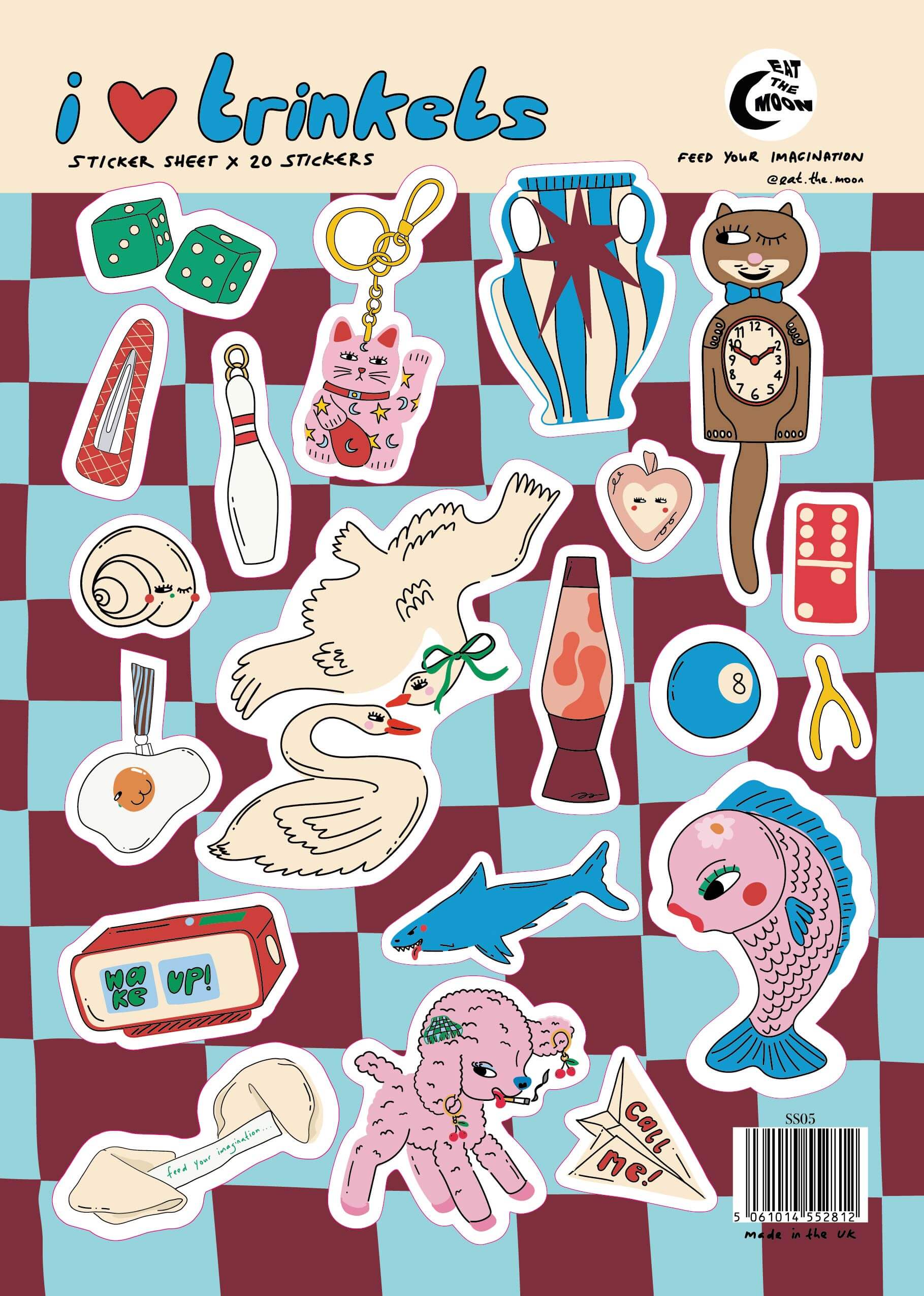 Sticker sheet with various stickers on a checkered background, featuring the brand 'i ❤️ trinkets'.