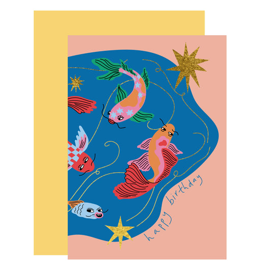Coy fish birthday card gold foil