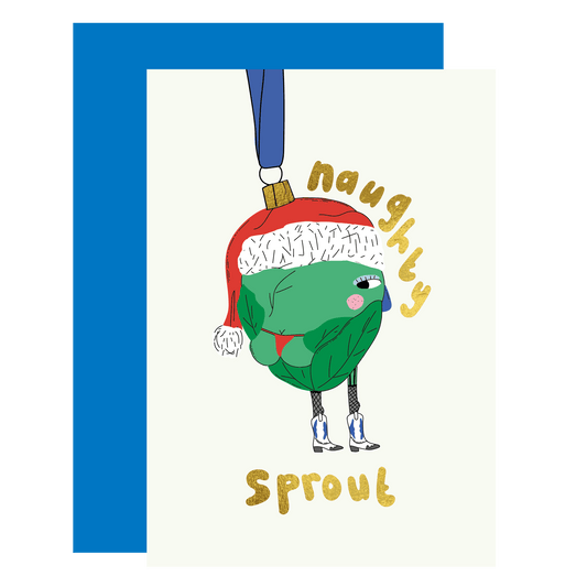 Naughty sprout gold foil Christmas card