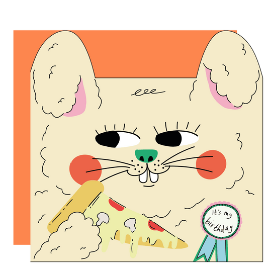Rabbit eating pizza - Kids card